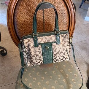 Coach Signature Canvas and Green Leather Satchel